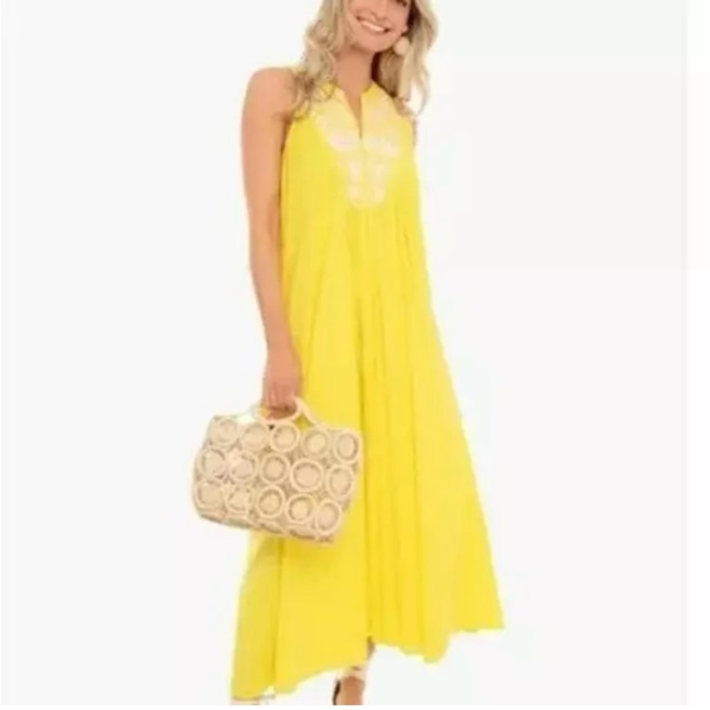 Tuckernuck Yellow Maxi Dress with Pink Embroidery Small Designer